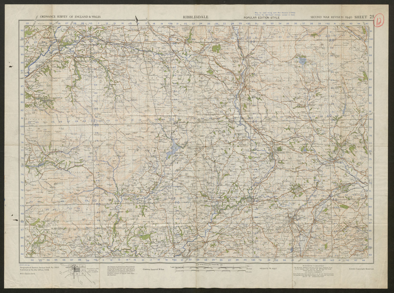 War Revision Sheet 25 Ribblesdale. Yorkshire Dales. ORDNANCE SURVEY 1940 map
